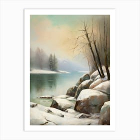 Ancient landscapes, old winter oil paintings and rocks around the lake bank. Snow is falling on the lake, old colors.14 1 Art Print