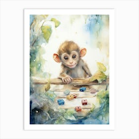 Monkey Painting Board Gaming Watercolour 4 Art Print