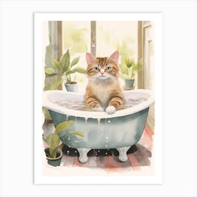 Manx Cat In Bathtub Botanical Bathroom 3 Art Print