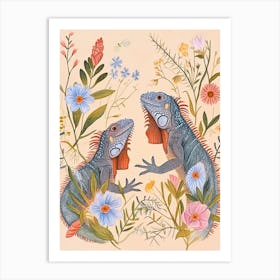 Folksy Floral Animal Drawing Iguana 3 Art Print