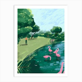 Flamingos In The Pond Garden Illustration Art Print