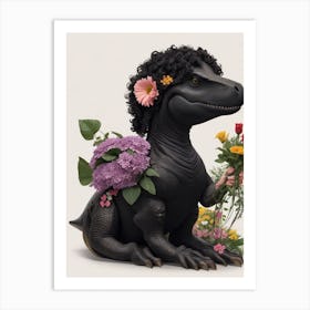 Black Dinosaur With Flowers Art Print