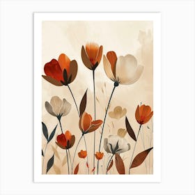 Flowers In Beige, Brown And White Tones, Using Simple Shapes In A Minimalist And Elegant 2 Art Print