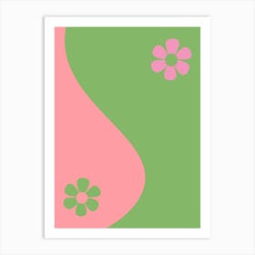 Yin & Yang Retro Abstract Flower Pink And Green Art Print
