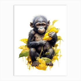 Baby Gorilla Art With Bananas Watercolour Nursery 2 Art Print