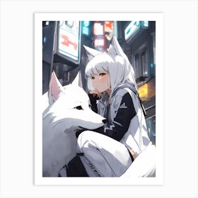 Anime Girl With White Wolf Art Print