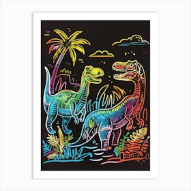 Neon Dinosaur Lines In The Leaves 2 Art Print