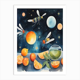 Bees Flying Over Oranges Art Print