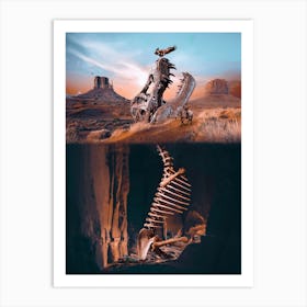 Dinosaur Skeleton And The Indian On Horse Art Print