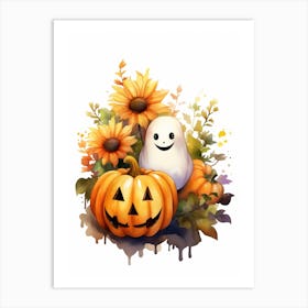 Cute Ghost With Pumpkins Halloween Watercolour 107 Art Print