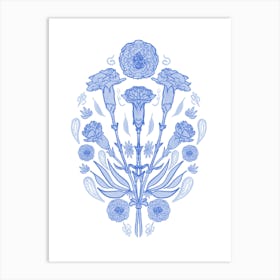 Blue Carnations Bouquet Indian Mughal Style Line Drawing Art Print
