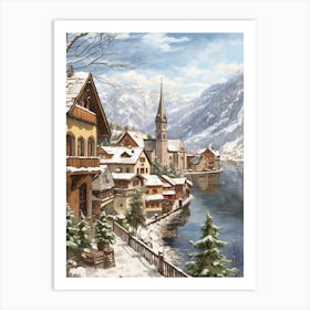 Vintage Winter Illustration Hallstatt Austria 1 Art Print