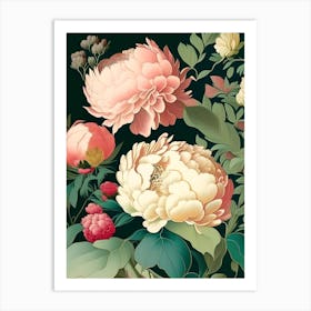 Borders And Edges 2 Peonies Colourful Vintage Sketch Art Print