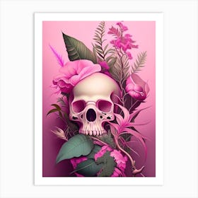 Skull With Surrealistic Elements 1 Pink Botanical Art Print