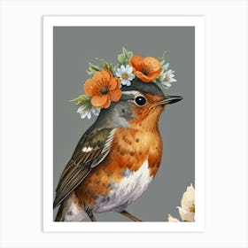 Robin With Flower Crown Style3 Watercolor Art Print