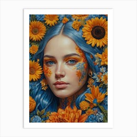 Blue Haired Girl With Sunflowers Art Print