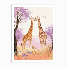 Pair Of Giraffes Lilac Warercolour Portrait Art Print