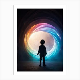 Silhouette Of A Child Mid Emergence From A Swirl Of Iridescent Colorful Ribbons Forming A Portal Art Print