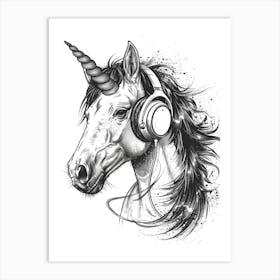 A Unicorn Listening To Music With Headphones Black & White 3 Art Print