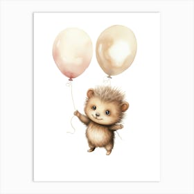 Baby Hedgehog Flying With Ballons, Watercolour Nursery Art 4 Art Print