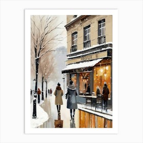 Paris cafes, winter season, Christmas, autumn oil colors, pale colors, pedestrians in the street, winter clothes, falling snow.Christmas decorations.3 1 Art Print