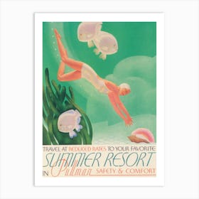 Woman Diving for Seashells Vintage Travel Poster Art Print