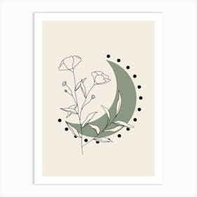 Boho Moon And Line Flowers in Black and Sage Green Art Print