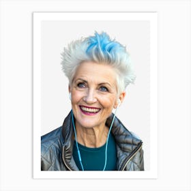 Senior Woman With Blue Hair Listening To Music Affiche