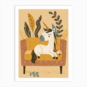 Unicorn On A Sofa Mustard Muted Pastels 2 Art Print