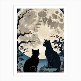 Two Black Cats Silhouetted Under A Full Moon With Japanese Style Trees Art Print