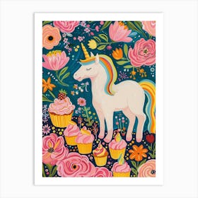 Floral Fauvism Style Unicorn & Cupcakes 1 Art Print