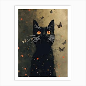 Black Cat With Butterflies Art Print