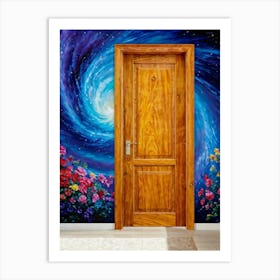 Oil Painting Of A Wooden Door Ajar Revealing A Spiraling Galaxy Contrasted Against A Wall Adorned Art Print