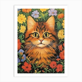 Louis Wain, Psychedelic Cat Collage Style With Flowers 2 Art Print