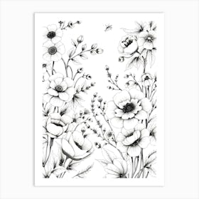 Black And White Drawing Of Flowers 3 Art Print