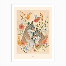Folksy Floral Animal Drawing Wolf 4 Poster Art Print
