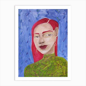 Acrylic painting of a woman with red hair on a blue background Art Print