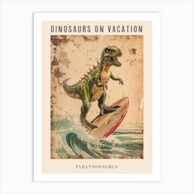 Vintage Tyrannosaurus Dinosaur On A Surf Board 3 Poster Art Print