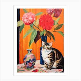 Gerbera Daisy Flower Vase And A Cat, A Painting In The Style Of Matisse 2 Art Print