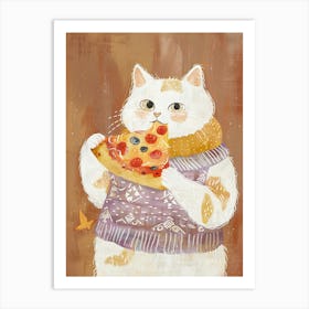 Cute White Cat Pizza Lover Folk Illustration 1 Art Print