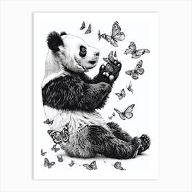 Giant Panda Cub Playing With Butterflies Ink Illustration 3 Art Print