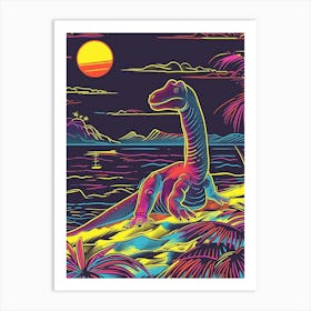 Neon Lines Dinosaur On The Beach Art Print