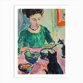 Portrait Of A Girl With Cats Eating Ramen 1 Art Print
