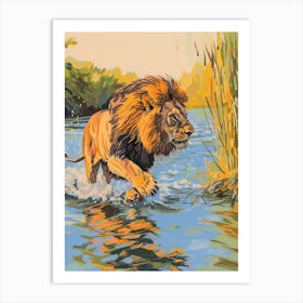 Southwest African Lion Crossing A River Fauvist Painting 1 Art Print