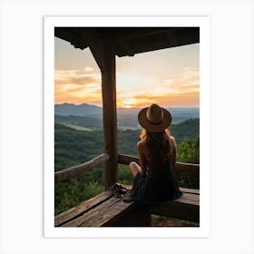 Woman Exuding A Sense Of Freedom While Sitting On A Wooden Porch Overlooking A Vast Hill And Sky Th (5) Art Print