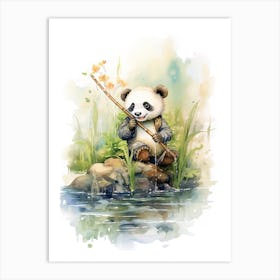 Panda Art Fishing Watercolour 1 Art Print