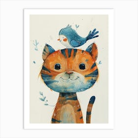 Small Joyful Tiger With A Bird On Its Head 18 Art Print