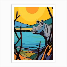 Geometric Blue & Yellow Portrait Of A Rhino 1 Art Print