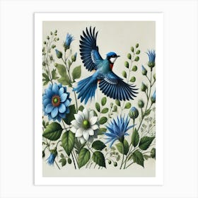 Blue Bird With Flowers Art Print