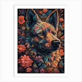 Wolf With Flowers 2 Art Print